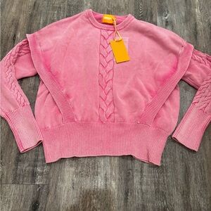 Women's sun bleached vintage style Pink Cable Knit Crew Neck Sweater